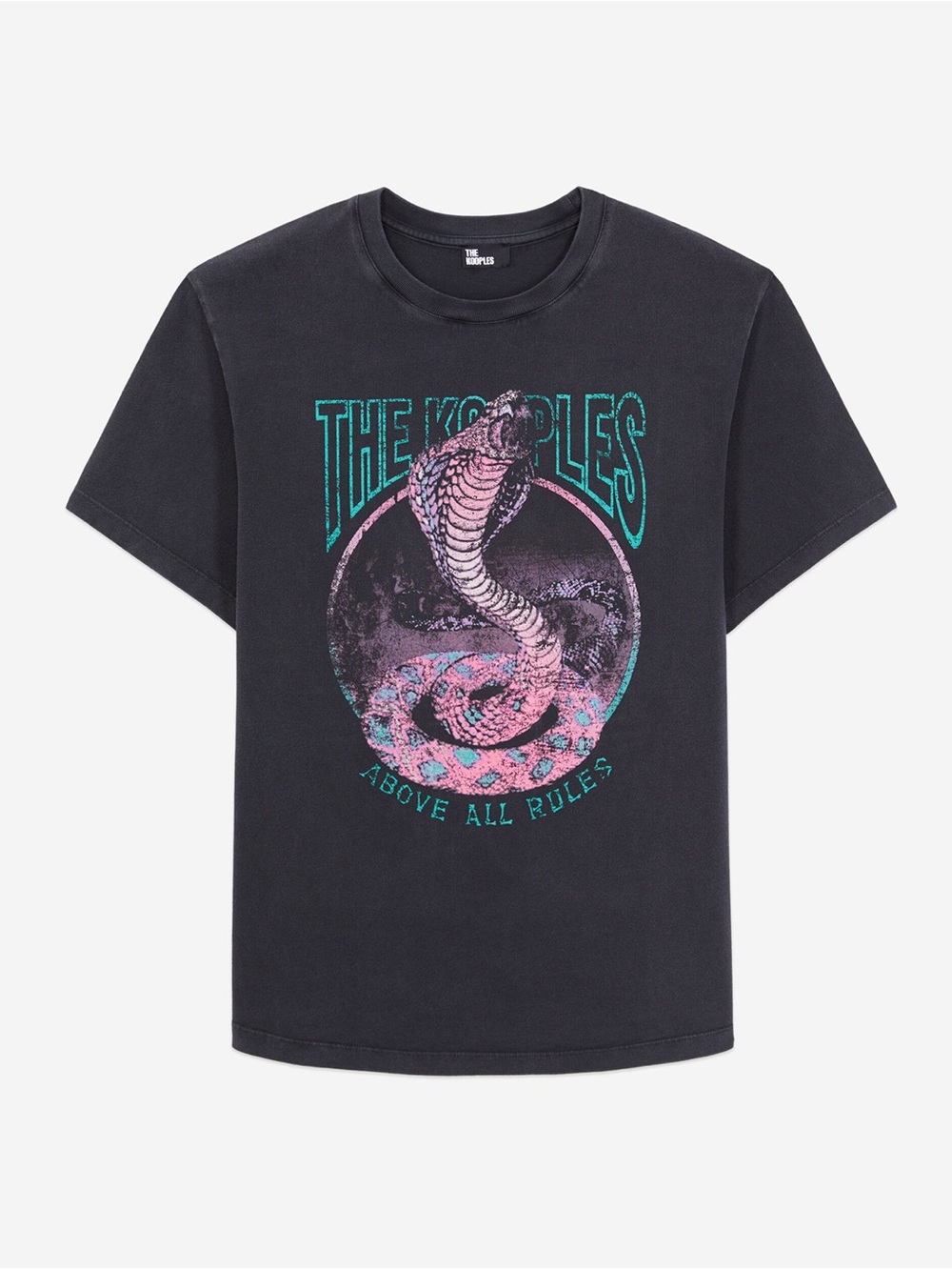 The Kooples Black Tee with Pink and Teal Cobra Motif